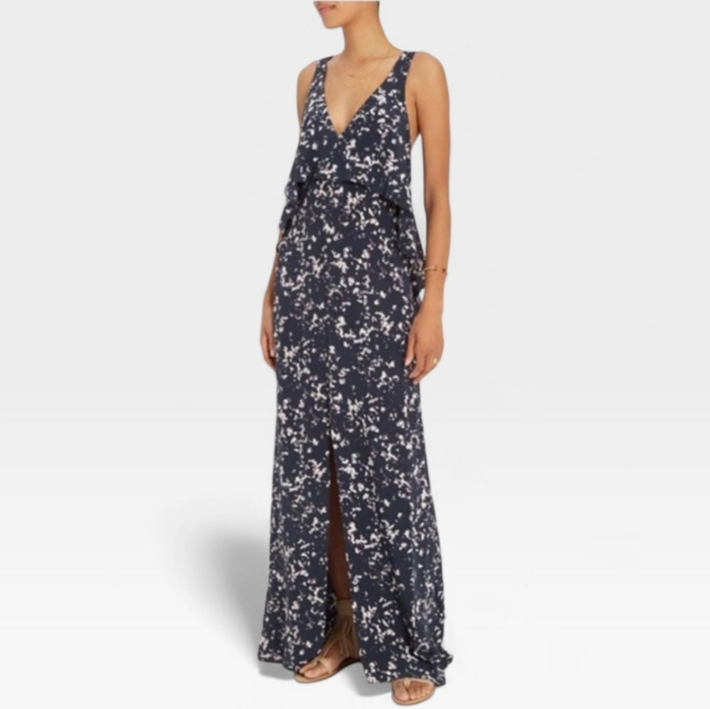 INTERMIX Nikki Pure SILK Strappy Flounce Front Slit Sleeveless Maxi Dress M